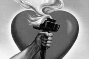 old black and white heart and torch logo